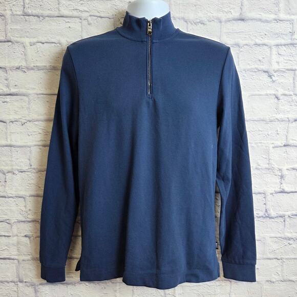 BOSS by Hugo Boss Mens Medium Navy Blue Quarter Zip Pullover Slim Fit - Picture 2 of 11